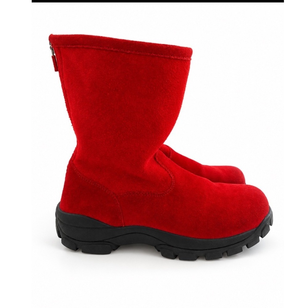 Lands End Womens Red Suede Fleece Back Zip Winter Snow Boots Rugged Sole
